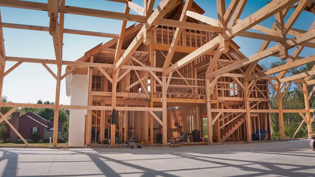 A timber-framed house under construction against a clear blue sky
