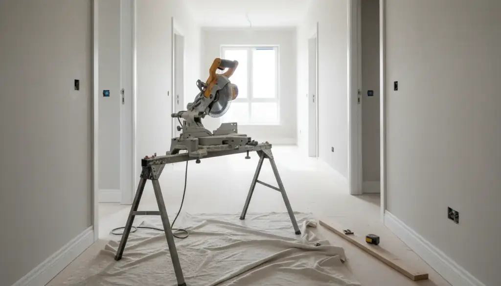 New painted baseboard and door casing fitted in an empty hallway, a miter saw on a stand