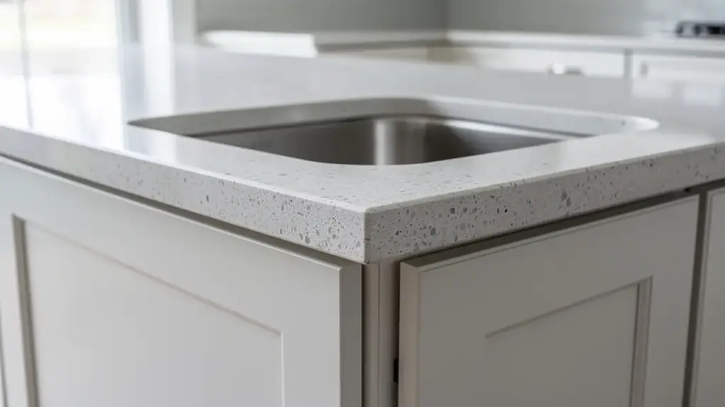 Close detail of a quartz countertop edge over an undermount sink and white shaker cabinets