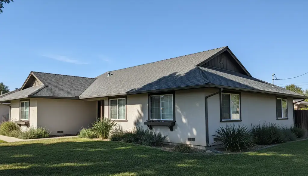 A new charcoal architectural shingle roof with crisp ridge cap on a single-storey ranch house