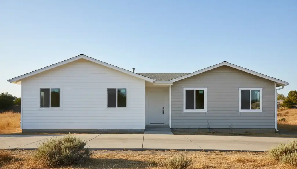 Fresh lap siding and white trim on a single-storey house under a clear sky